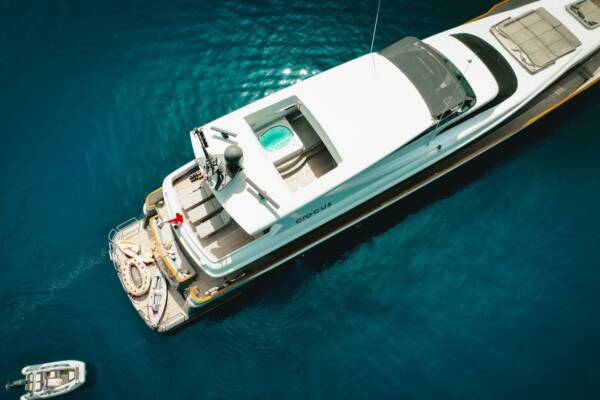 Luxury Yacht Crocus anchor in Göcek Bay, a dinghy and Jacuzzi ready for adventure.