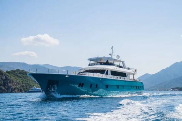 A luxurious mega Yacht Deep Water, cruising the turquoise waters of Turkey.