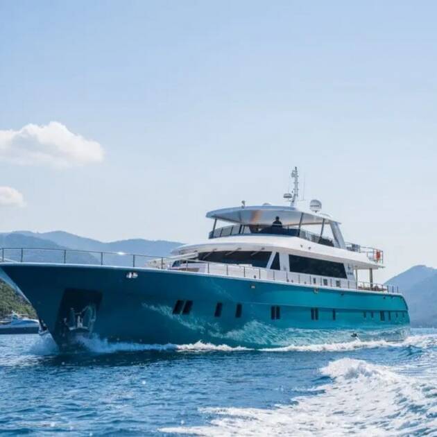 A luxurious mega Yacht Deep Water, cruising the turquoise waters of Turkey.