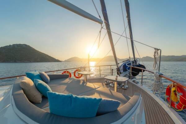 Romantic sunset view from the bow deck of the luxurious Dalibay 3 gulet, cruising the Aegean Sea off Gocek,